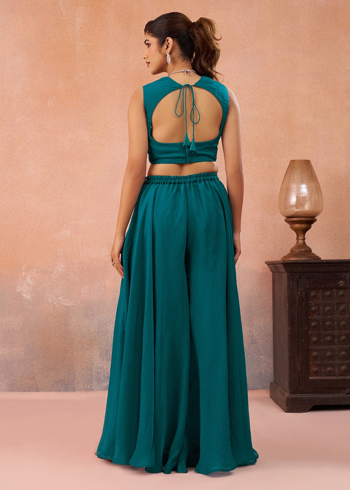 Peacock Blue Organza Top & Palazzo Ensemble with Flared Cape