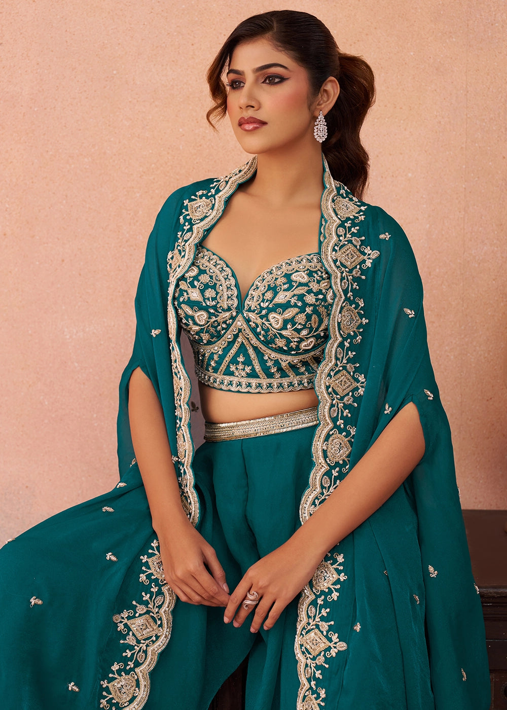 Peacock Blue Organza Top & Palazzo Ensemble with Flared Cape