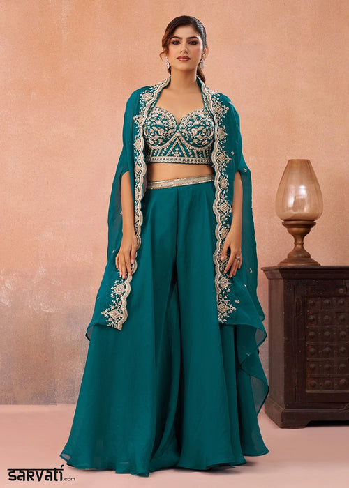 Peacock Blue Organza Top & Palazzo Ensemble with Flared Cape