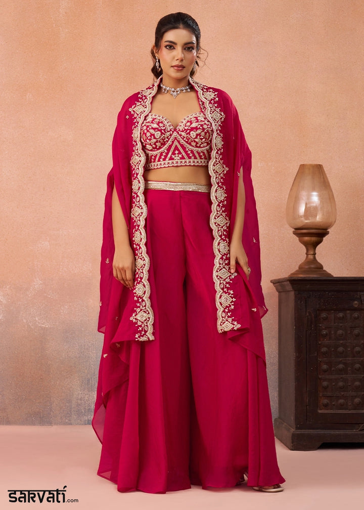 Ruby Pink Organza Top & Palazzo Ensemble with Flared Cape