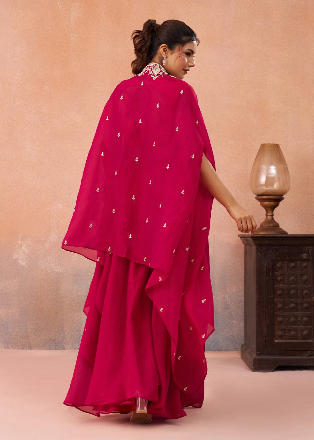 Ruby Pink Organza Top & Palazzo Ensemble with Flared Cape