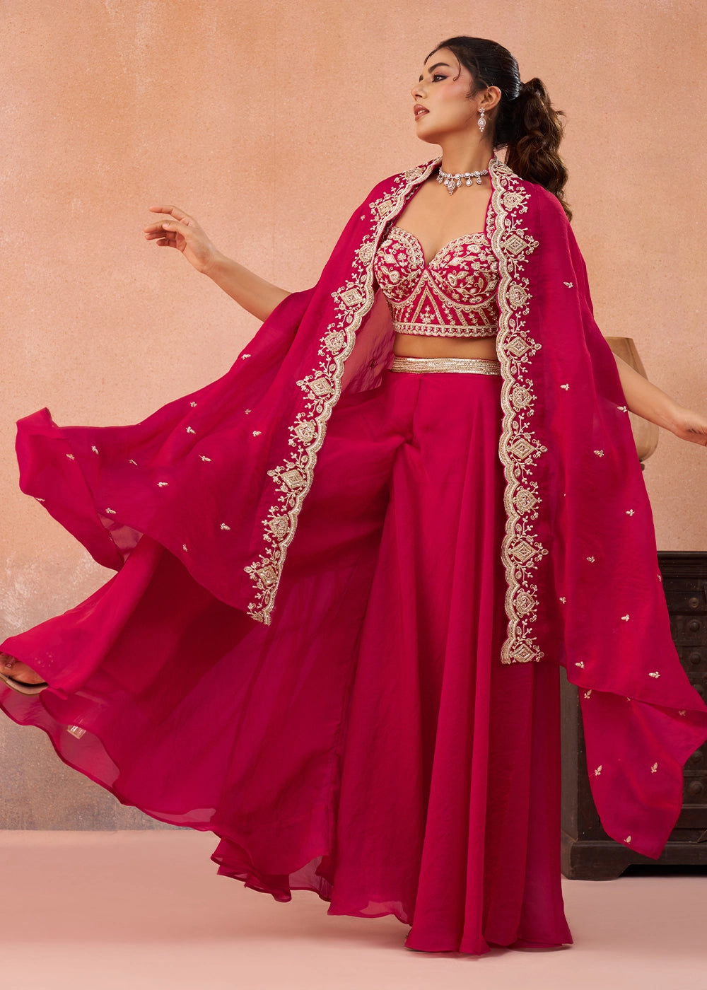 Ruby Pink Organza Top & Palazzo Ensemble with Flared Cape
