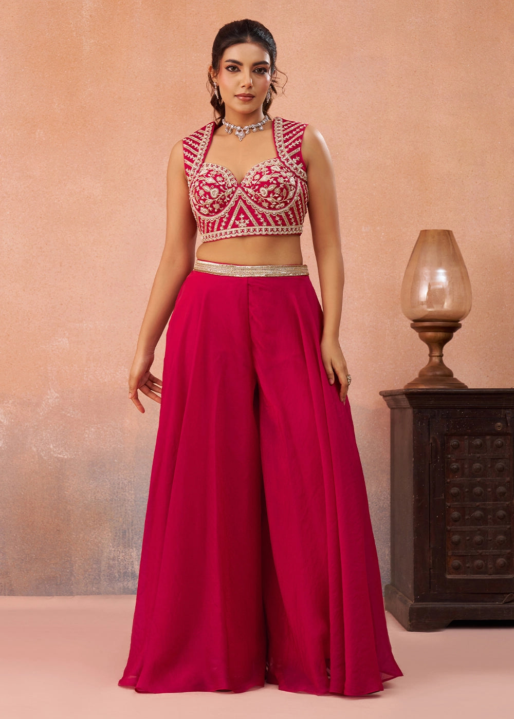 Ruby Pink Organza Top & Palazzo Ensemble with Flared Cape