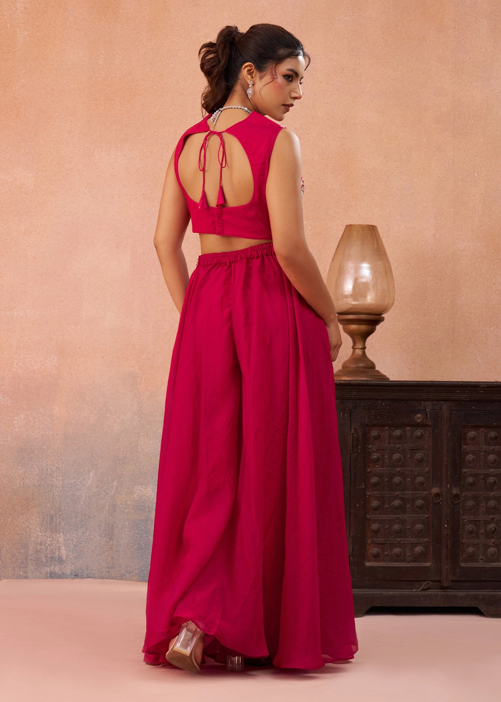 Ruby Pink Organza Top & Palazzo Ensemble with Flared Cape