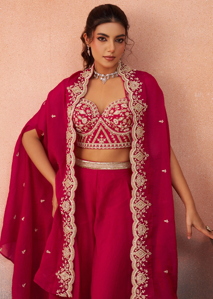 Ruby Pink Organza Top & Palazzo Ensemble with Flared Cape