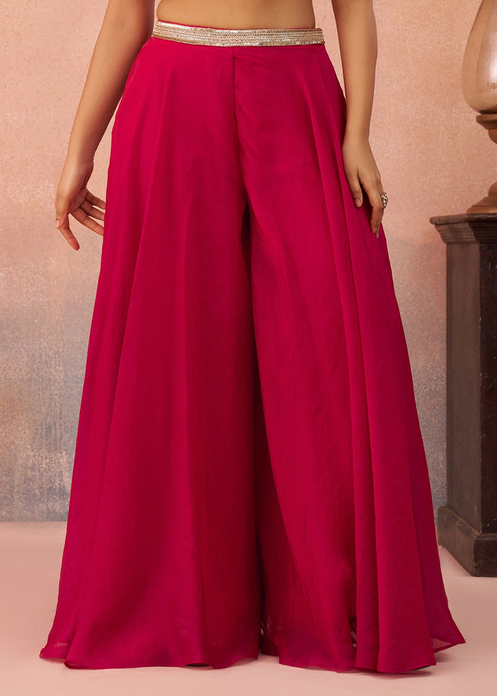 Ruby Pink Organza Top & Palazzo Ensemble with Flared Cape