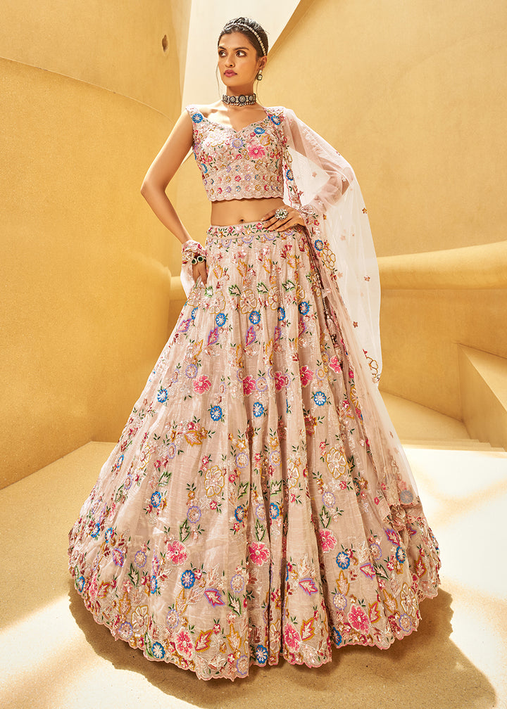 Beige Brown Organza Lehenga Choli with Delicate Sequins Detailing