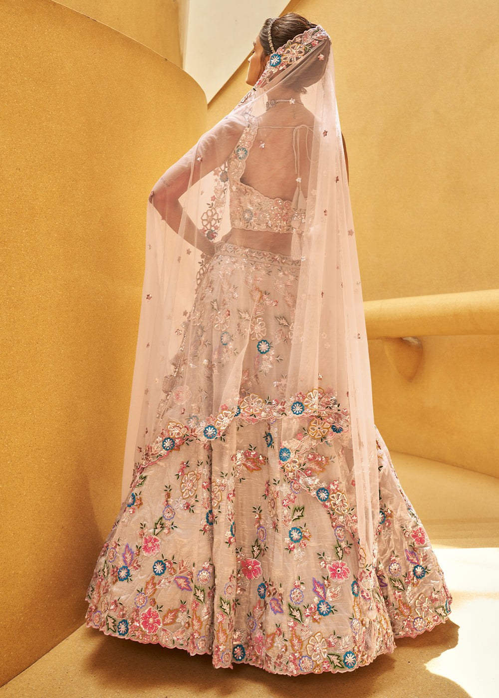 Beige Brown Organza Lehenga Choli with Delicate Sequins Detailing