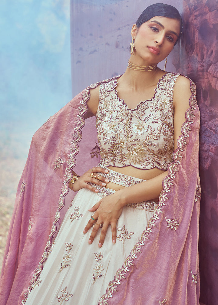 White and Purple Rayon Viscose Lehenga Choli with Floral Embroidery and Sequins