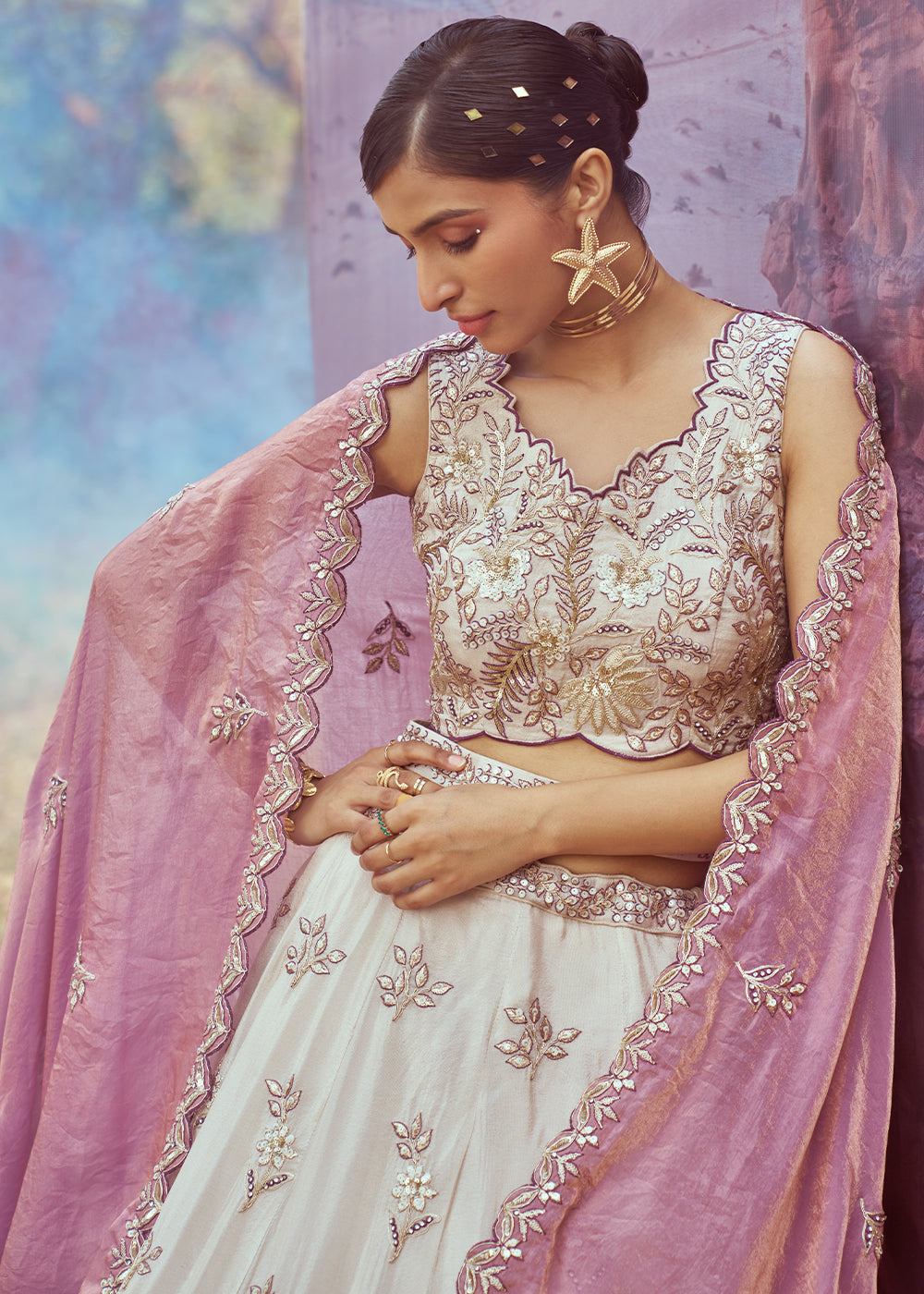 White and Purple Rayon Viscose Lehenga Choli with Floral Embroidery and Sequins