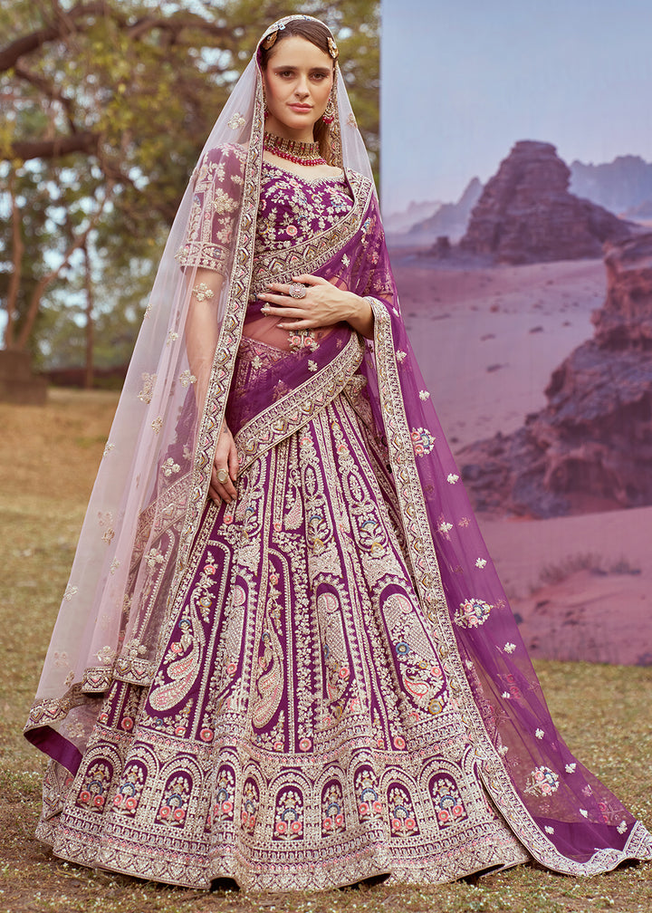 Shades of Purple Silk Bridal Lehenga Choli with Embroidered Beads & Stones