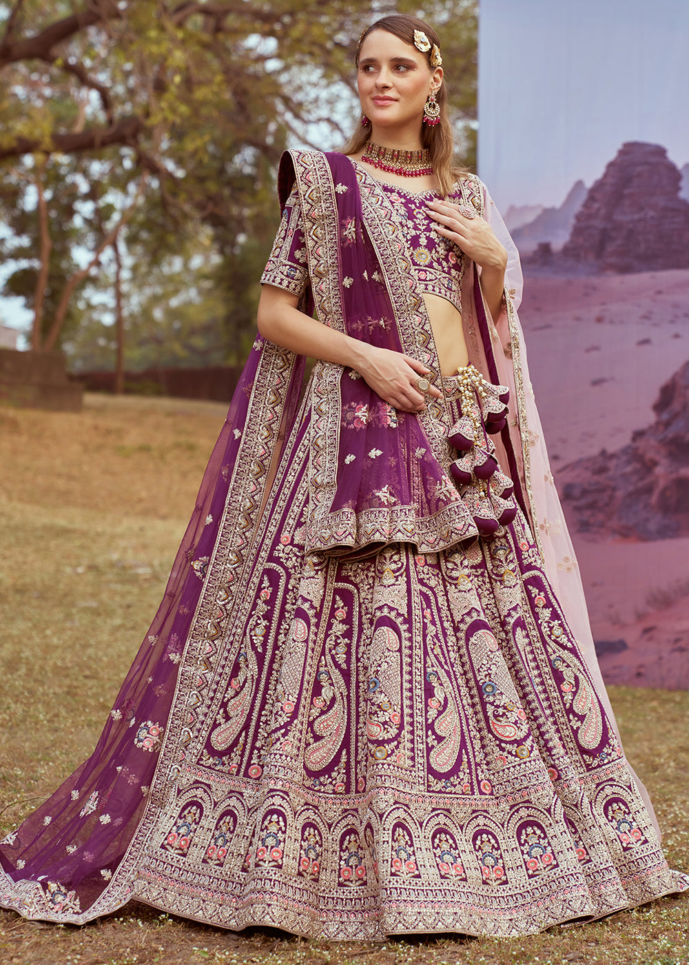 Shades of Purple Silk Bridal Lehenga Choli with Embroidered Beads & Stones