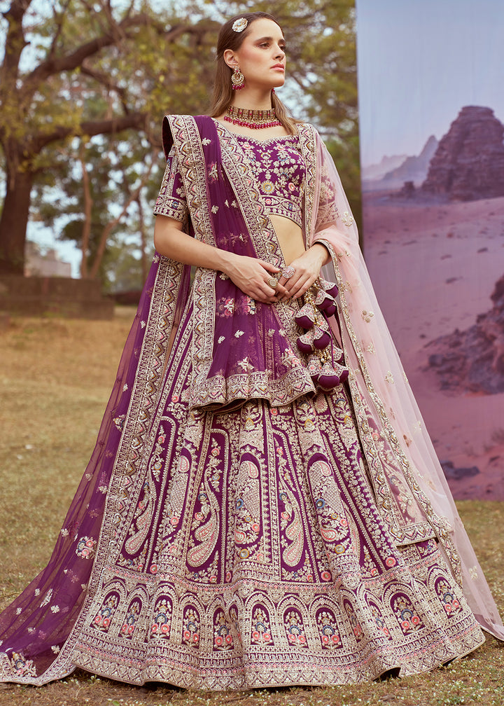 Shades of Purple Silk Bridal Lehenga Choli with Embroidered Beads & Stones