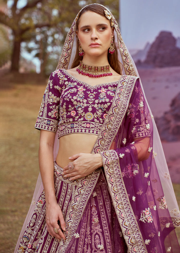 Shades of Purple Silk Bridal Lehenga Choli with Embroidered Beads & Stones