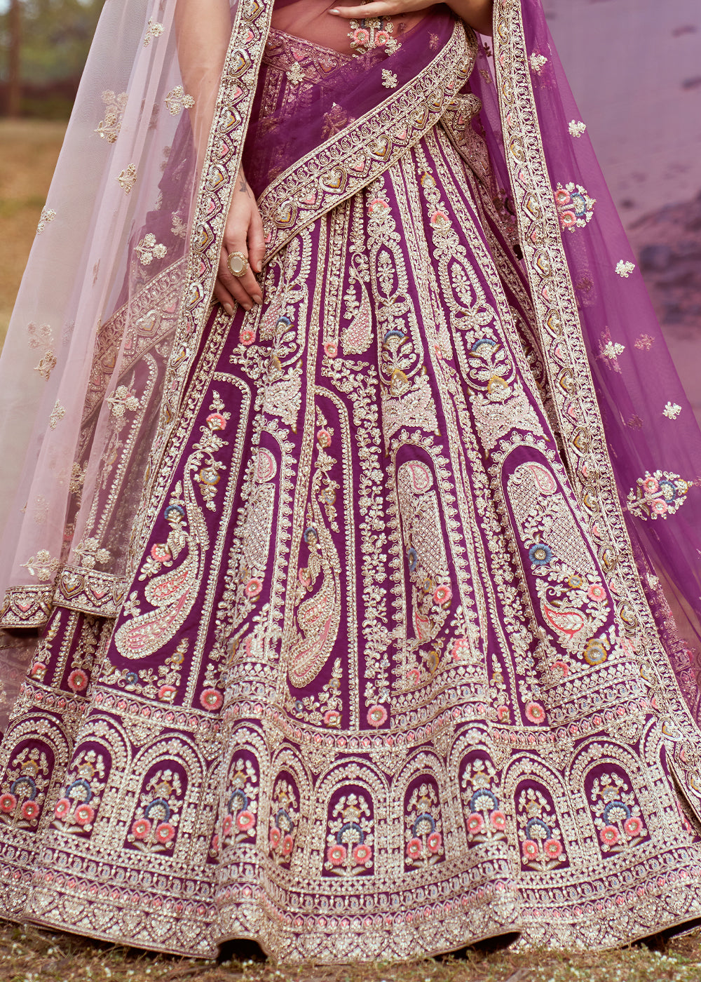 Shades of Purple Silk Bridal Lehenga Choli with Embroidered Beads & Stones