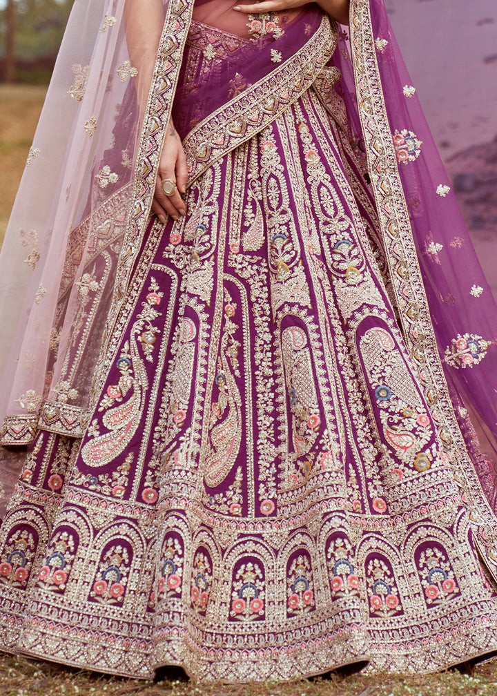 Shades of Purple Silk Bridal Lehenga Choli with Embroidered Beads & Stones