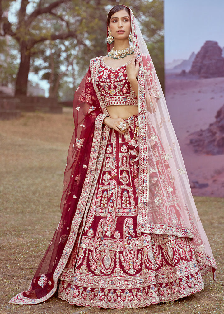 Maroon Red Silk Bridal Lehenga Choli with Embroidered Beads & Stones