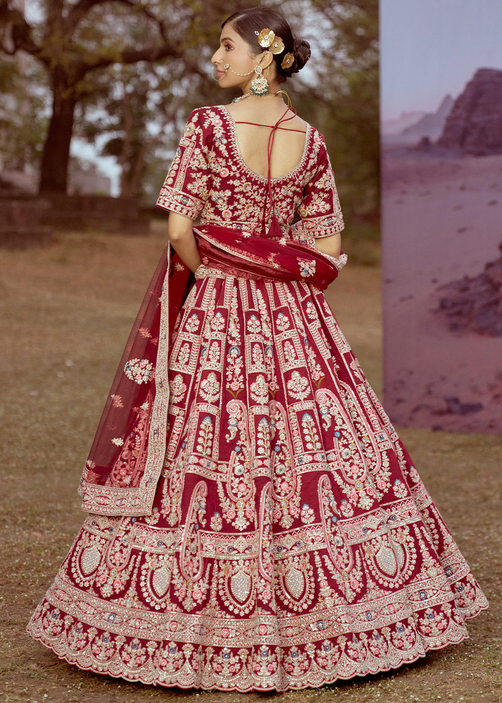 Maroon Red Silk Bridal Lehenga Choli with Embroidered Beads & Stones