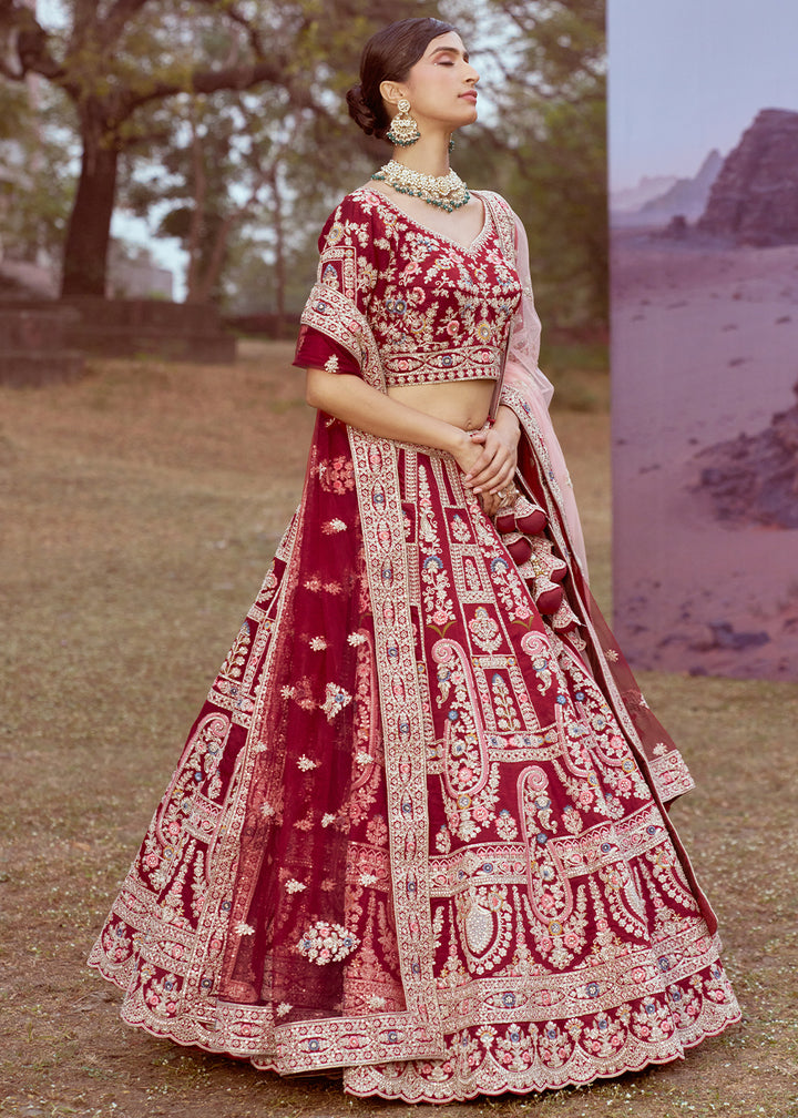 Maroon Red Silk Bridal Lehenga Choli with Embroidered Beads & Stones