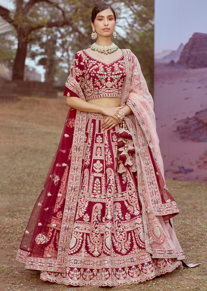 Maroon Red Silk Bridal Lehenga Choli with Embroidered Beads & Stones