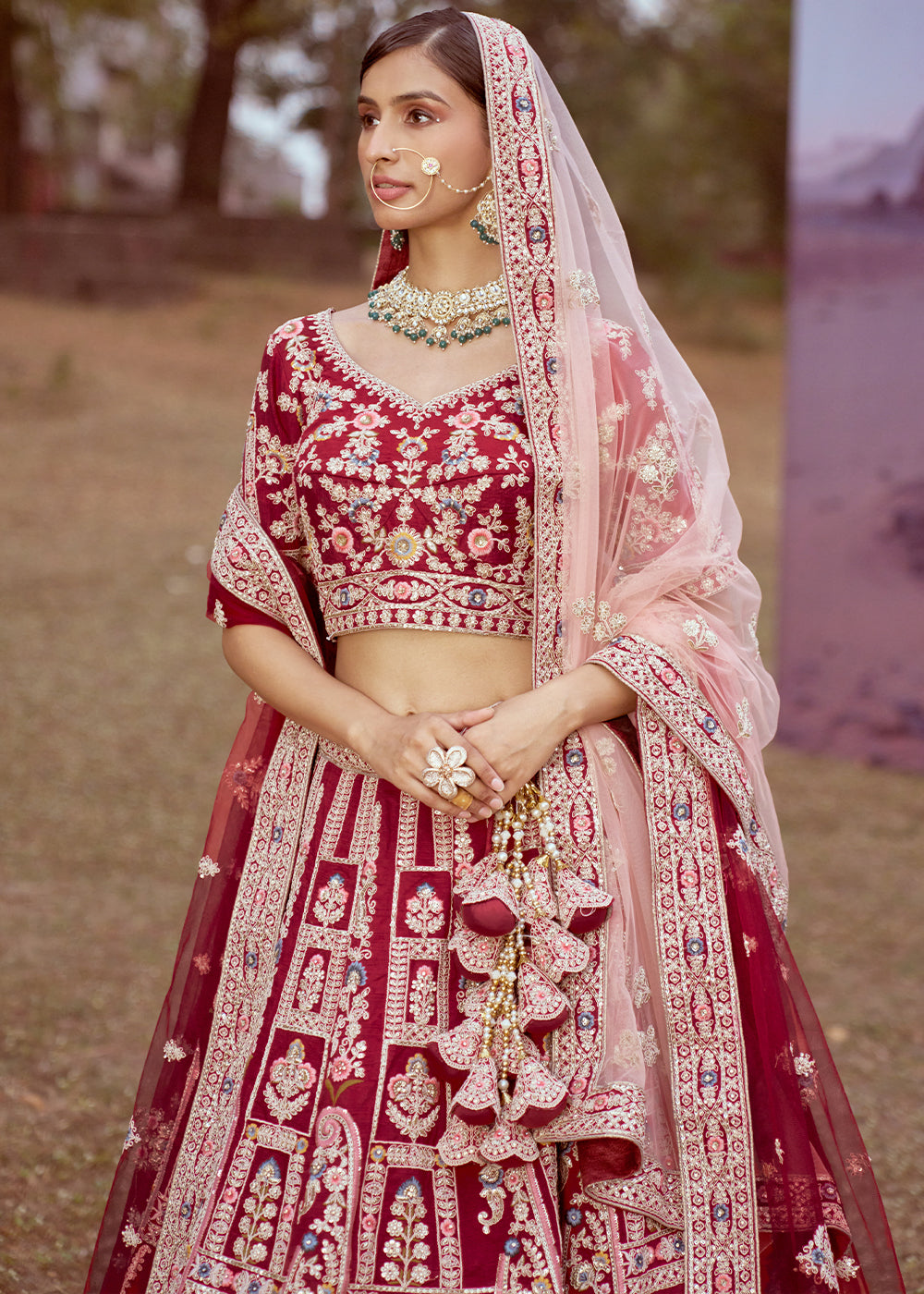 Maroon Red Silk Bridal Lehenga Choli with Embroidered Beads & Stones