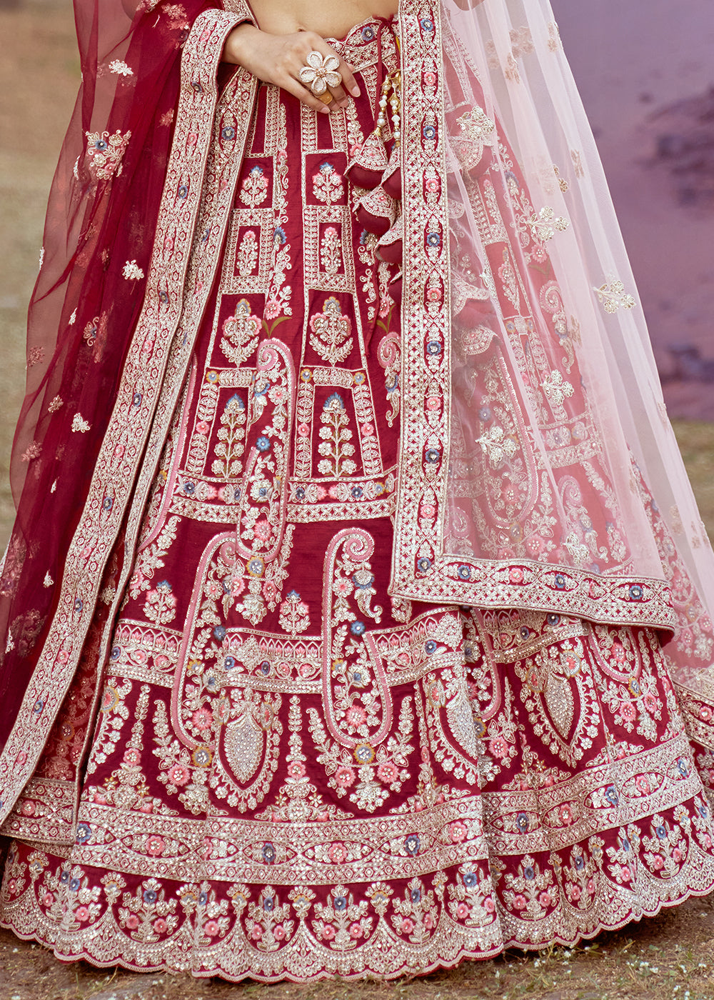 Maroon Red Silk Bridal Lehenga Choli with Embroidered Beads & Stones