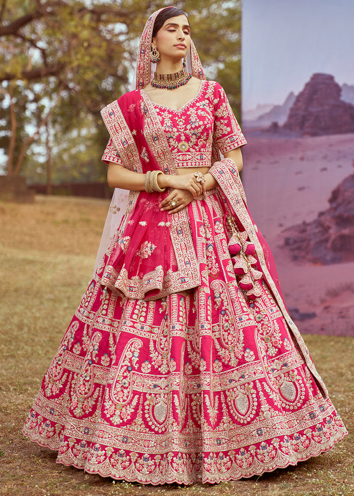 Hot Pink Silk Bridal Lehenga Choli with Embroidered Beads & Stones