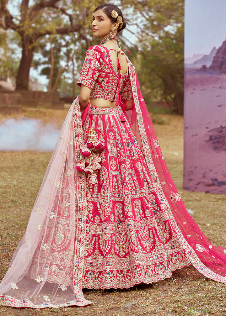 Hot Pink Silk Bridal Lehenga Choli with Embroidered Beads & Stones