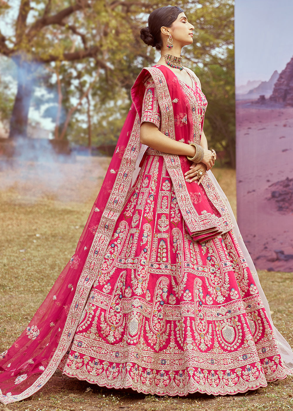 Hot Pink Silk Bridal Lehenga Choli with Embroidered Beads & Stones