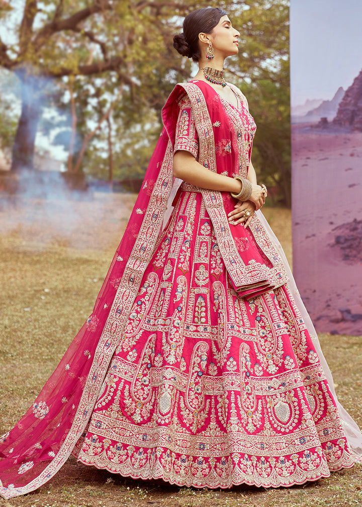 Hot Pink Silk Bridal Lehenga Choli with Embroidered Beads & Stones