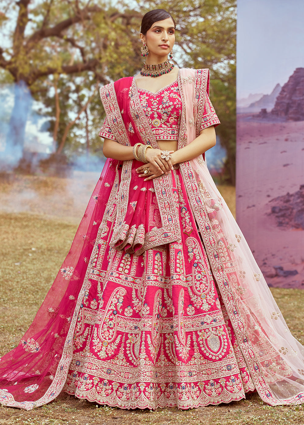 Hot Pink Silk Bridal Lehenga Choli with Embroidered Beads & Stones