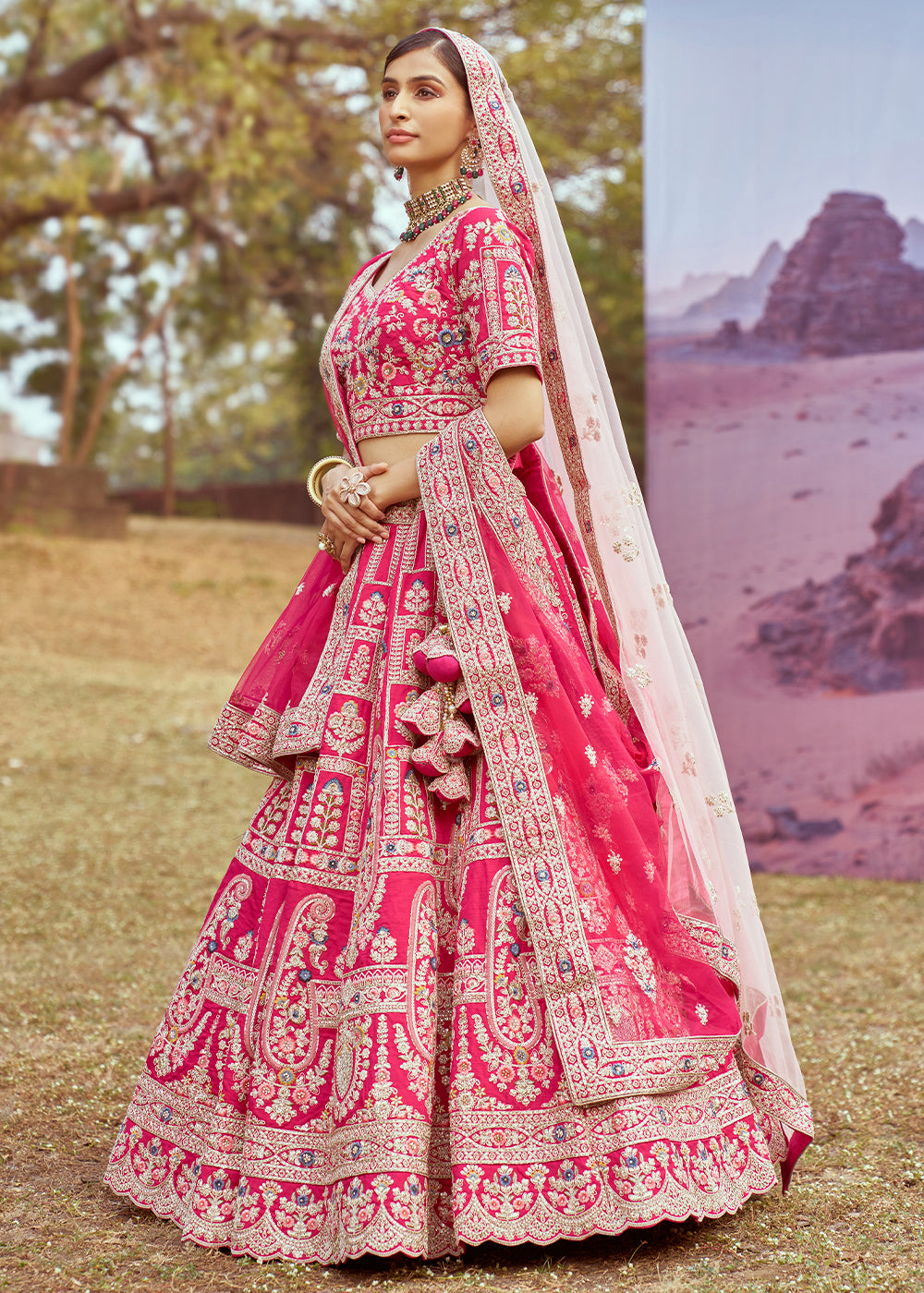 Hot Pink Silk Bridal Lehenga Choli with Embroidered Beads & Stones