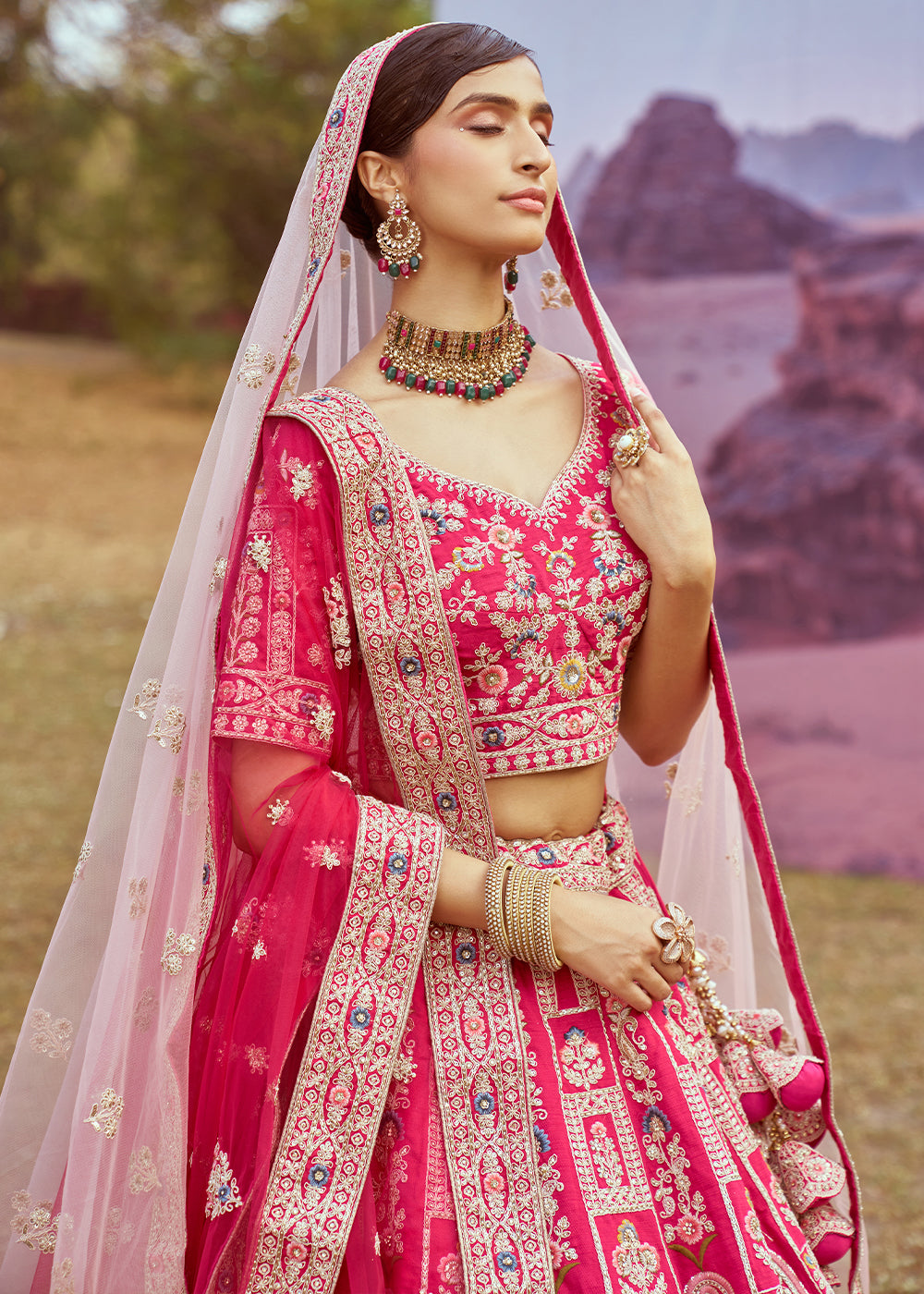 Hot Pink Silk Bridal Lehenga Choli with Embroidered Beads & Stones