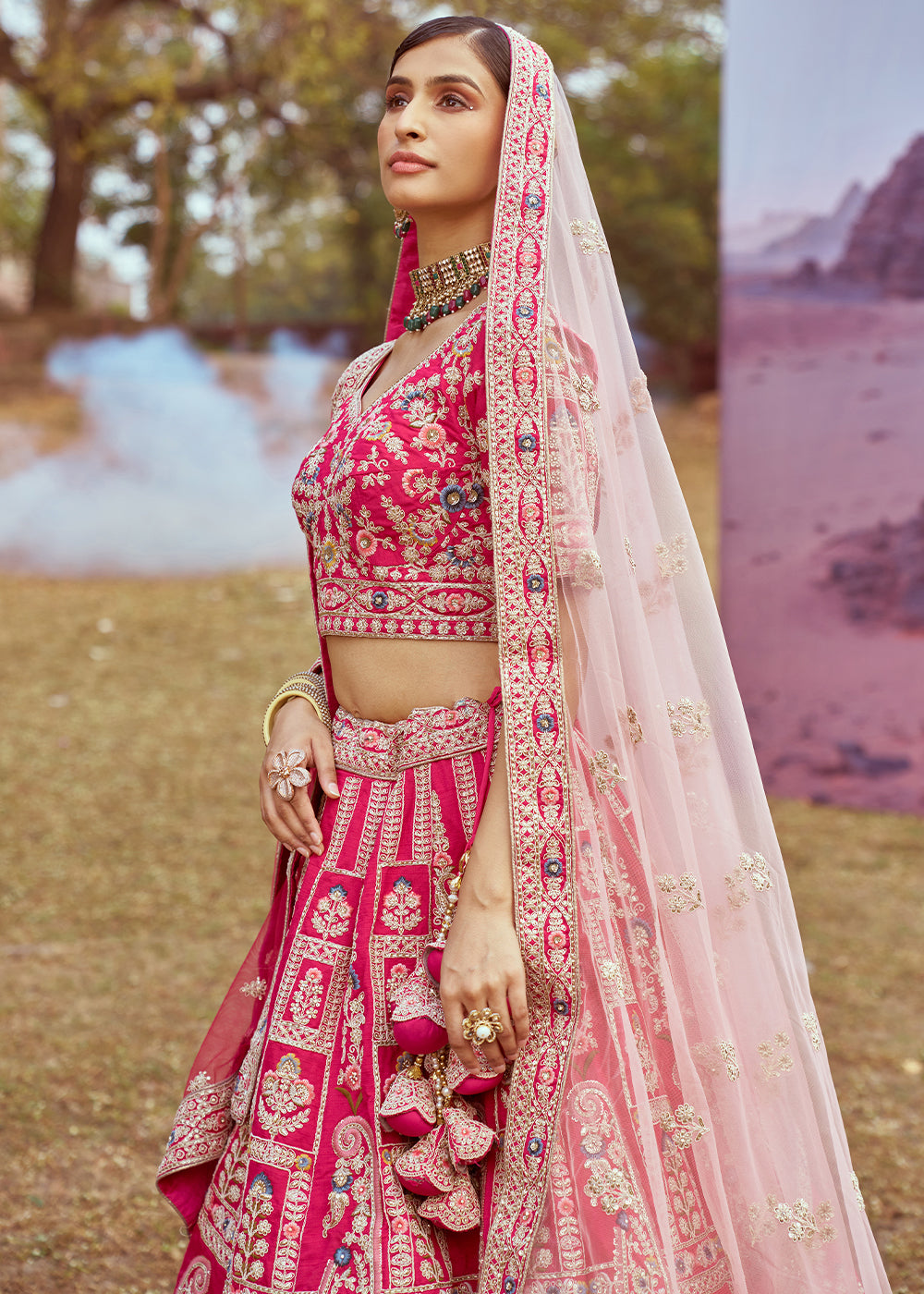 Hot Pink Silk Bridal Lehenga Choli with Embroidered Beads & Stones