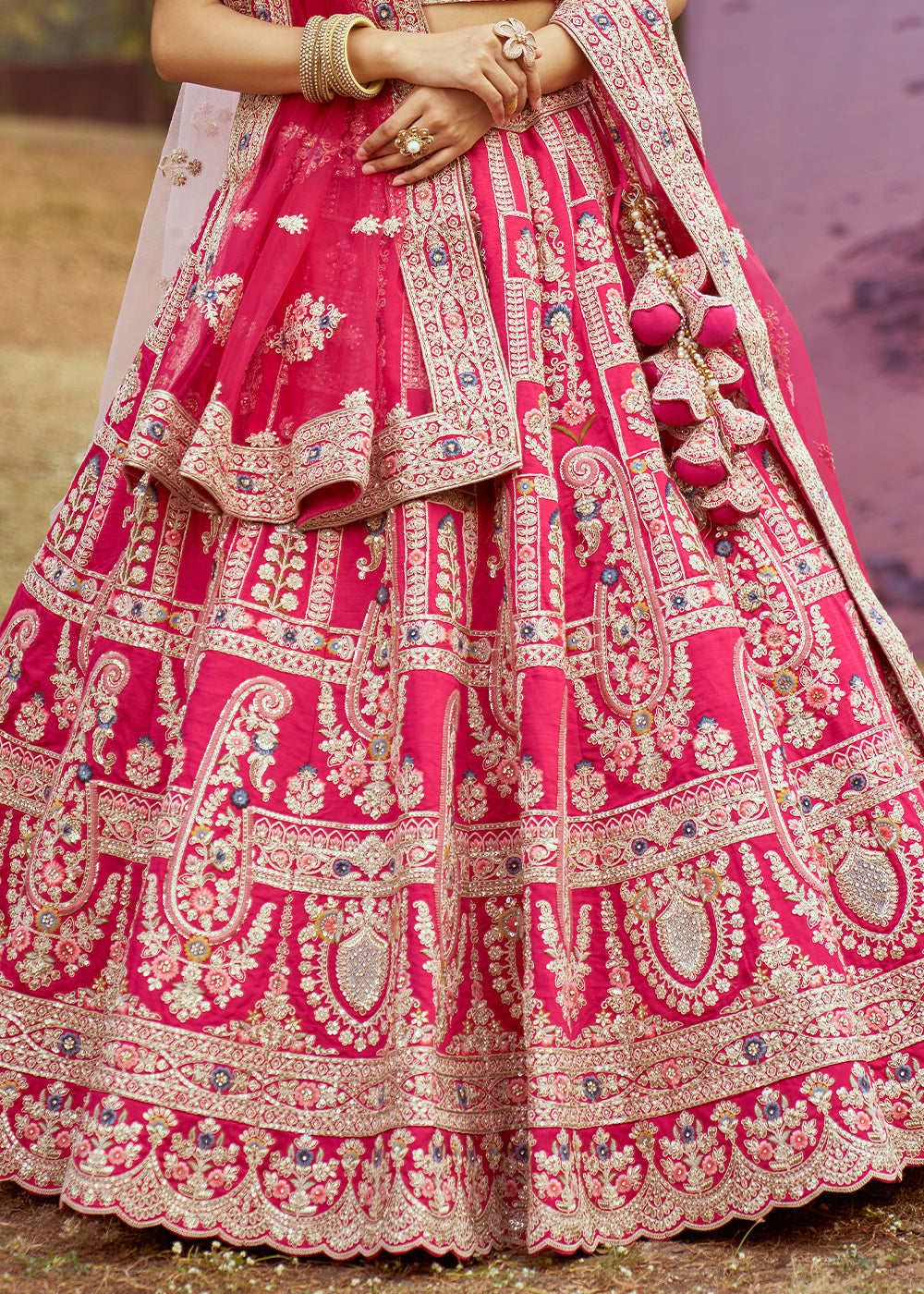 Hot Pink Silk Bridal Lehenga Choli with Embroidered Beads & Stones