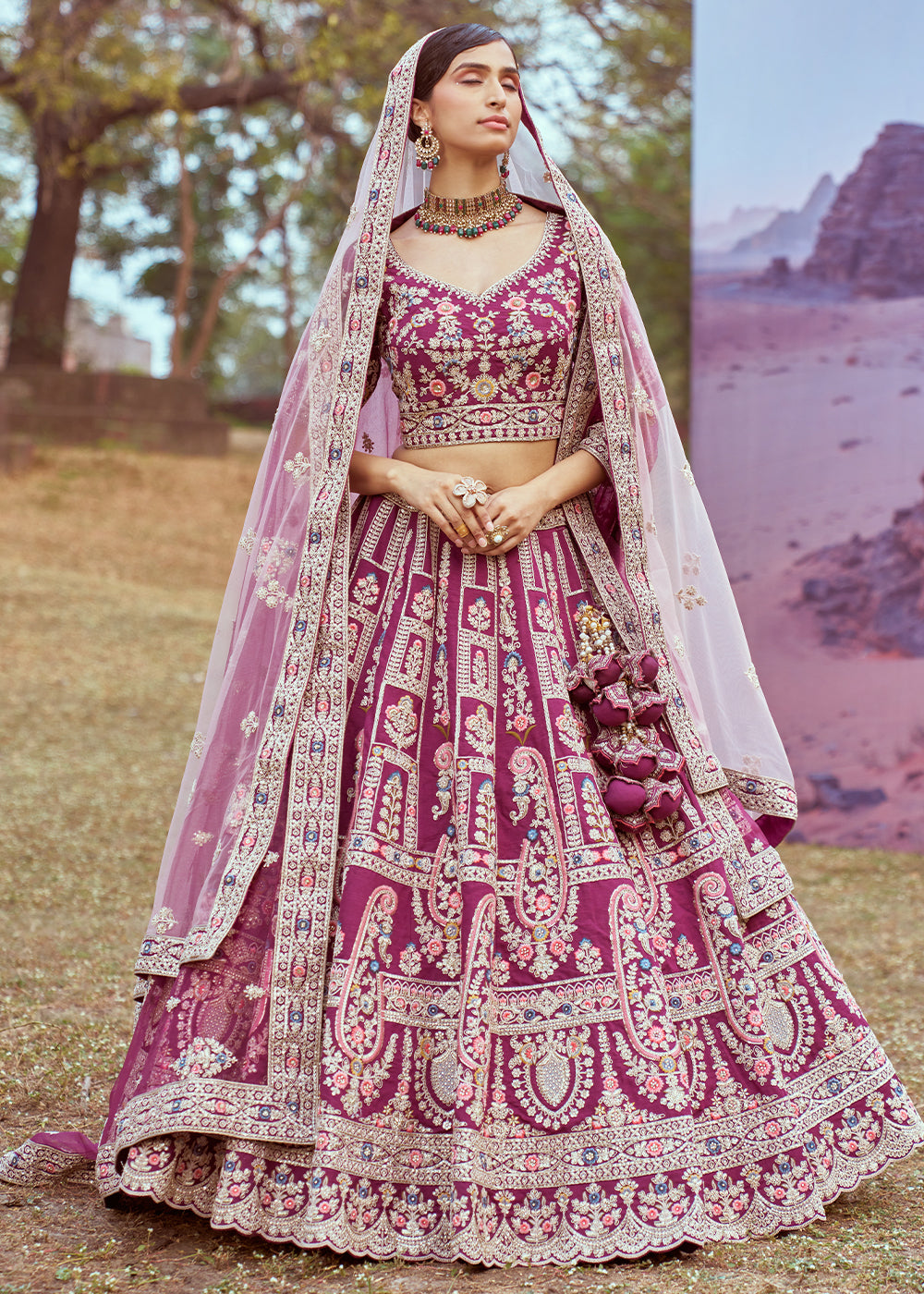 Lollipop Purple Silk Bridal Lehenga Choli with Embroidered Beads & Stones