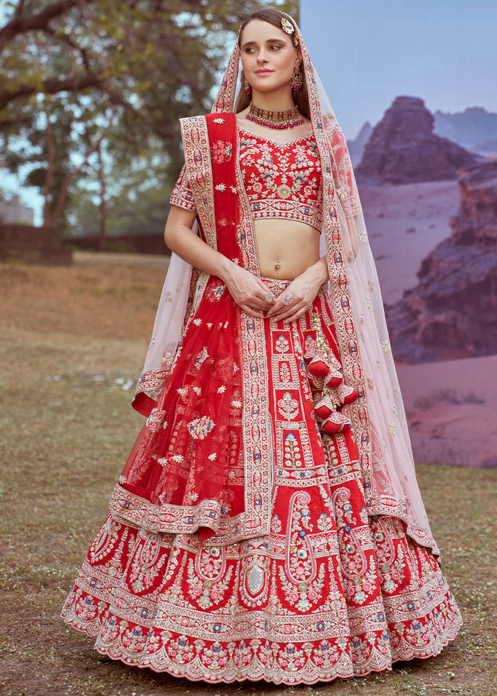 Candy Red Silk Bridal Lehenga Choli with Embroidered Beads & Stones