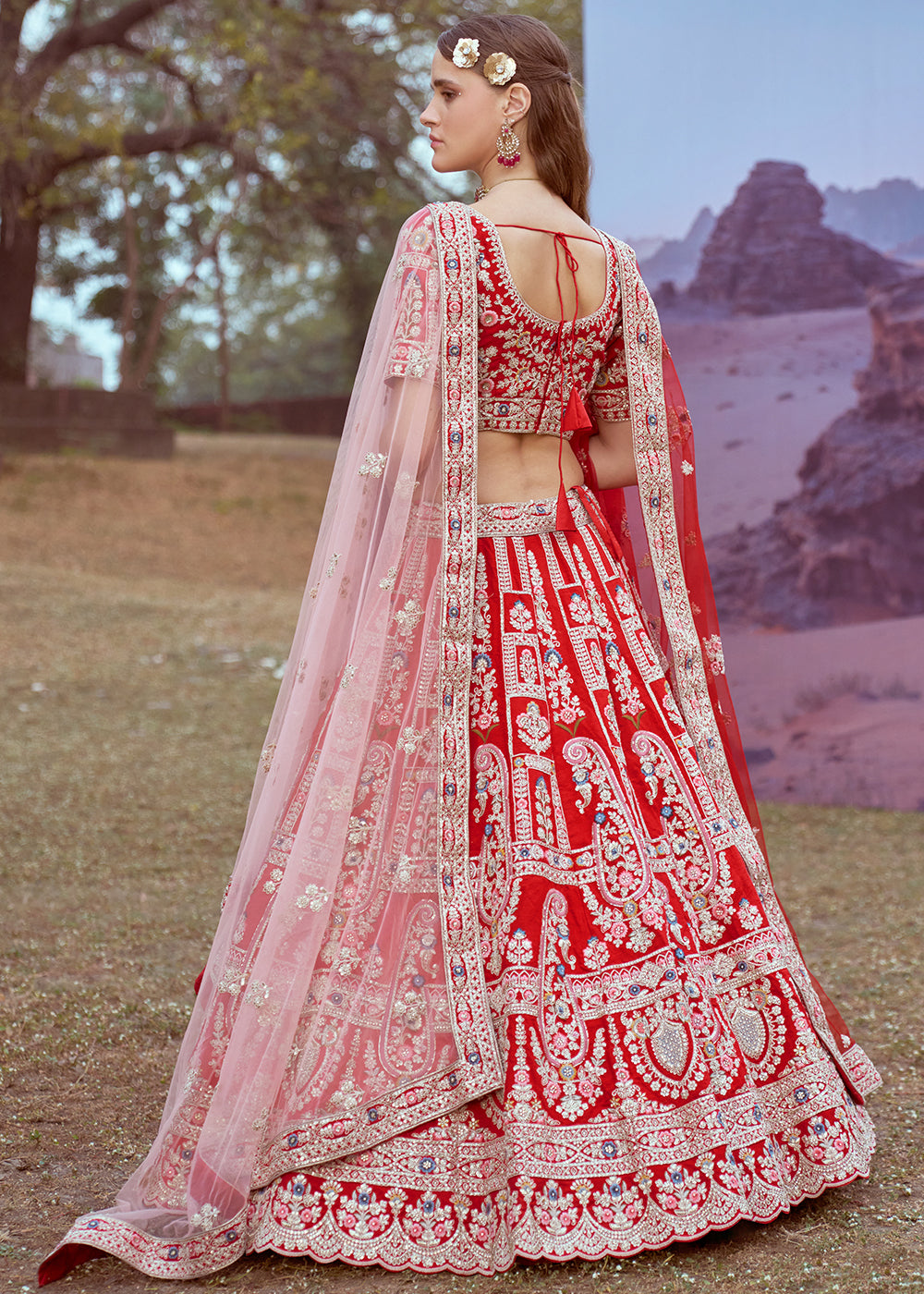 Candy Red Silk Bridal Lehenga Choli with Embroidered Beads & Stones