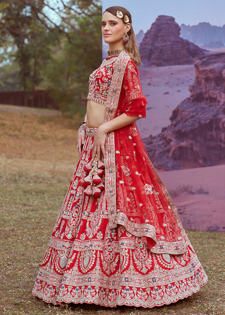 Candy Red Silk Bridal Lehenga Choli with Embroidered Beads & Stones