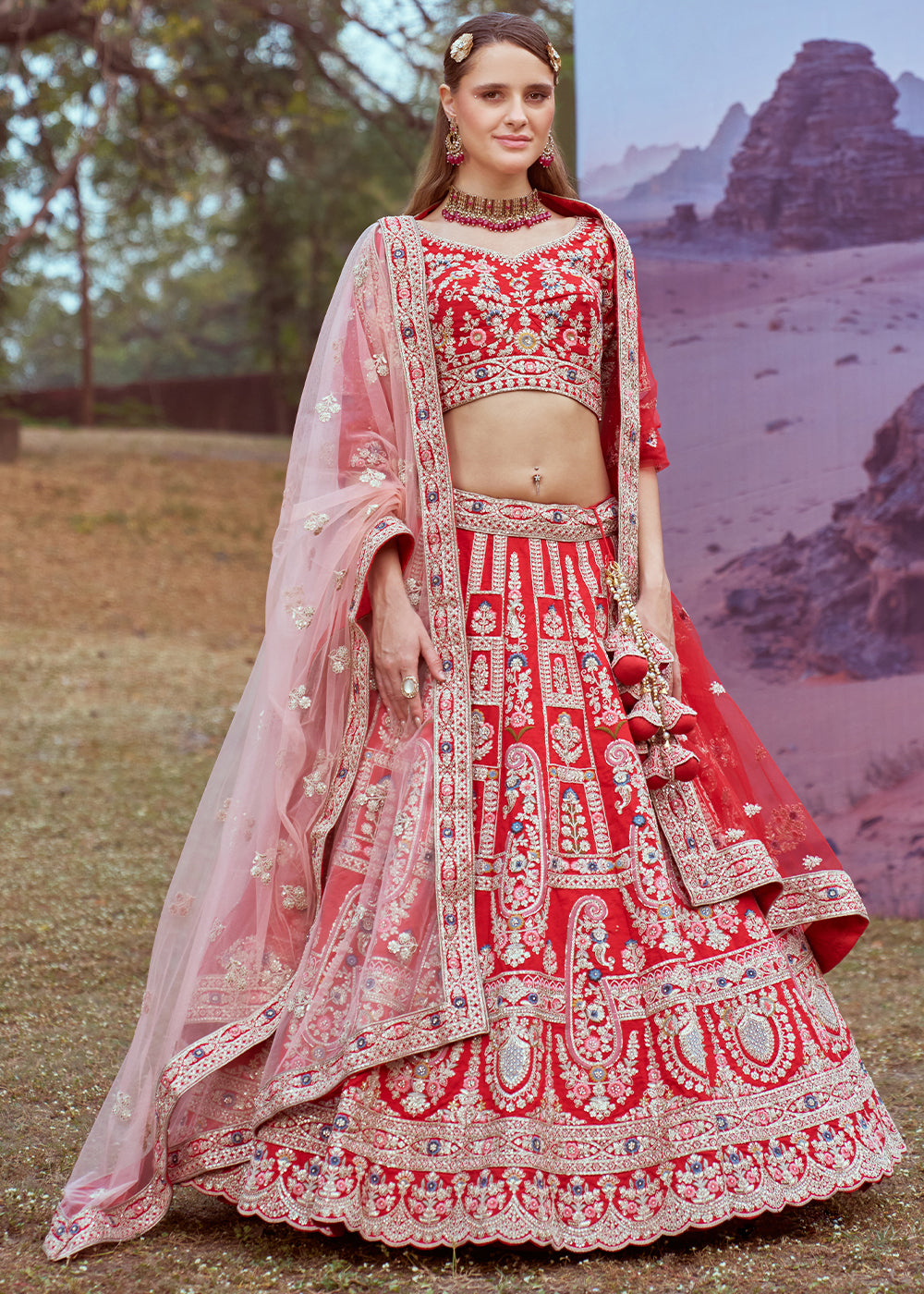 Candy Red Silk Bridal Lehenga Choli with Embroidered Beads & Stones