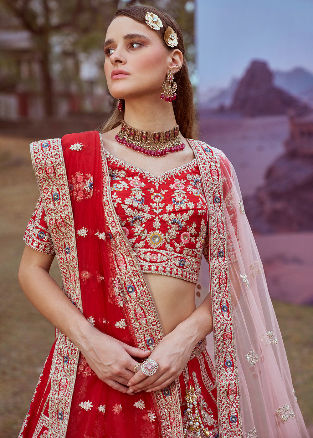 Candy Red Silk Bridal Lehenga Choli with Embroidered Beads & Stones