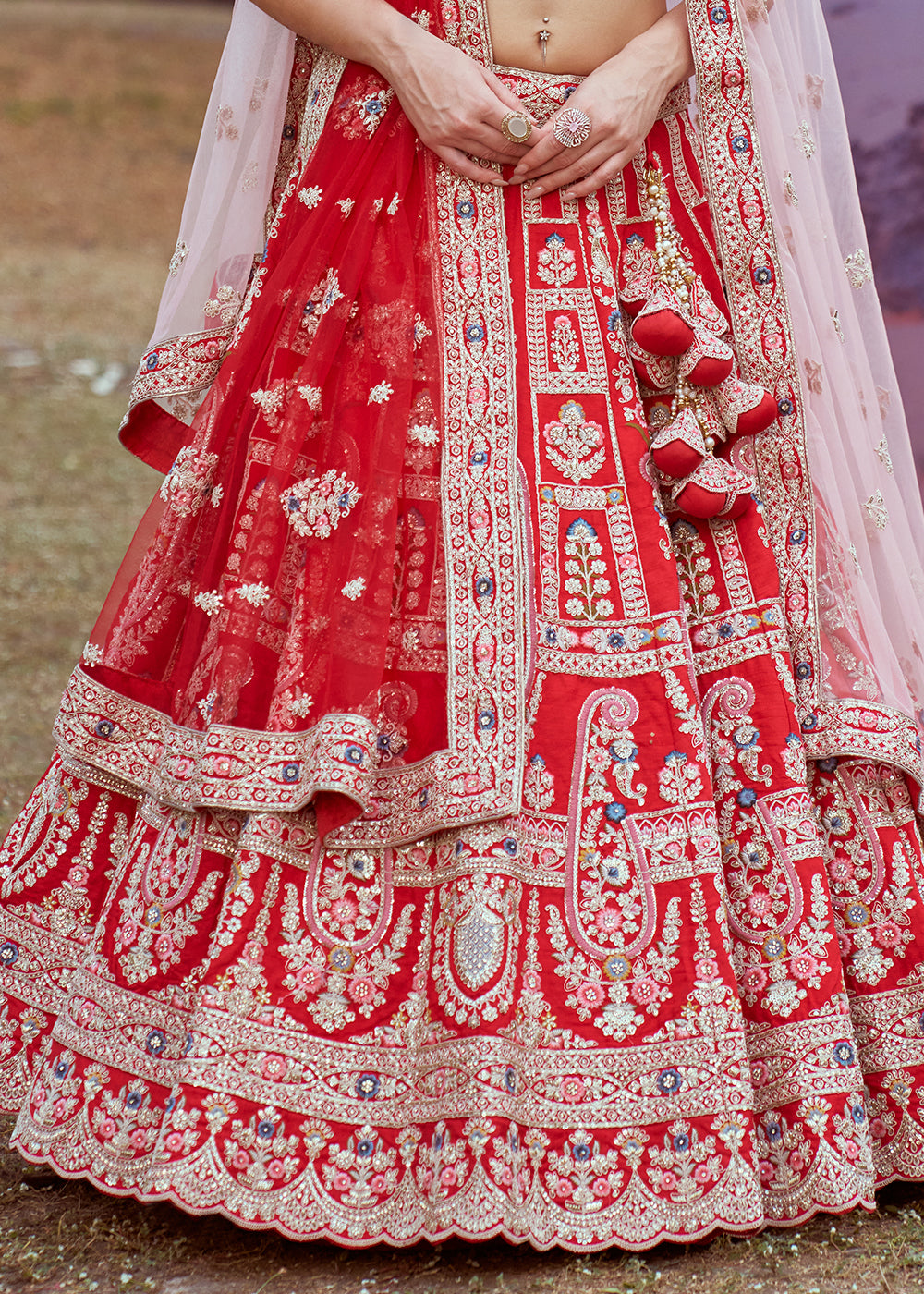 Candy Red Silk Bridal Lehenga Choli with Embroidered Beads & Stones