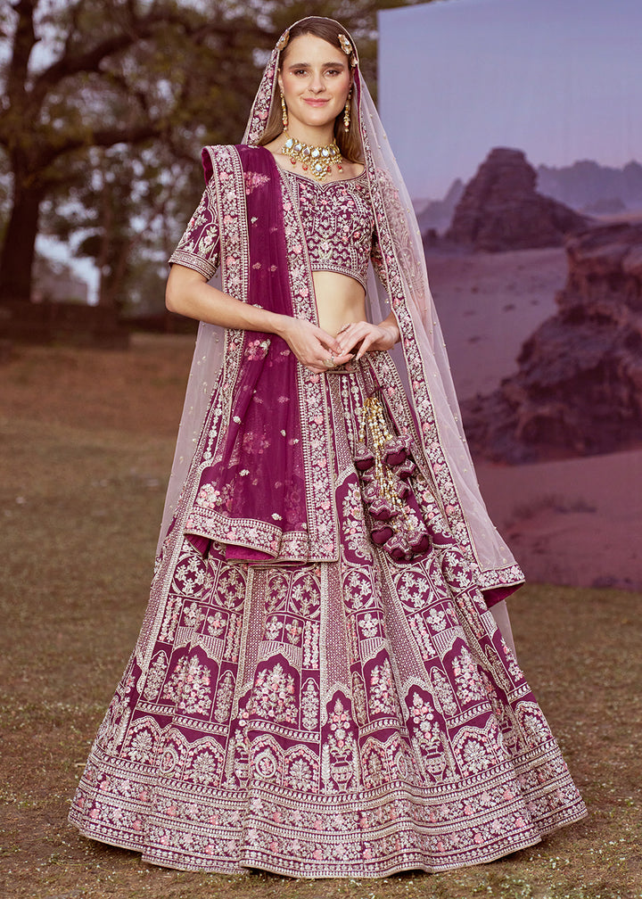 Grape Purple Silk Bridal Lehenga Choli with Embroidered Beads & Stones