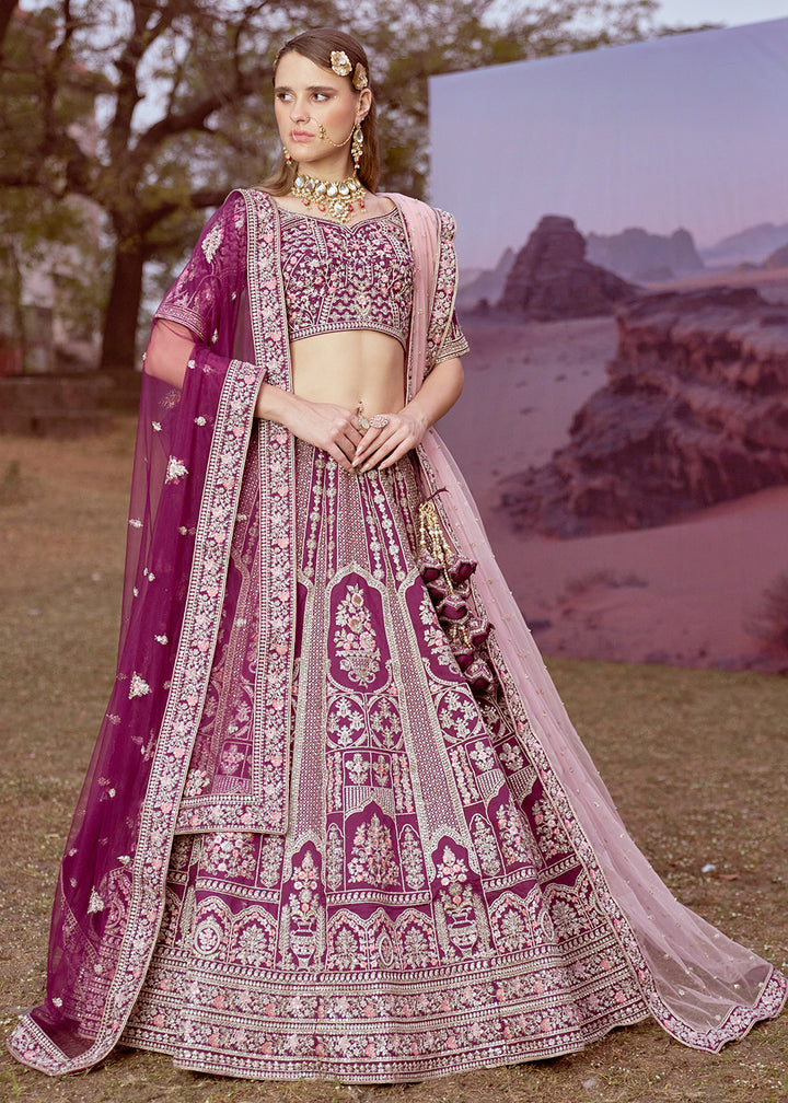 Grape Purple Silk Bridal Lehenga Choli with Embroidered Beads & Stones