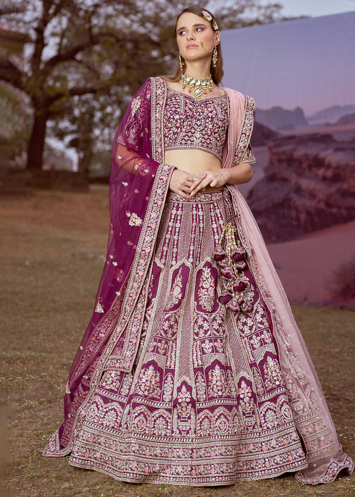 Grape Purple Silk Bridal Lehenga Choli with Embroidered Beads & Stones