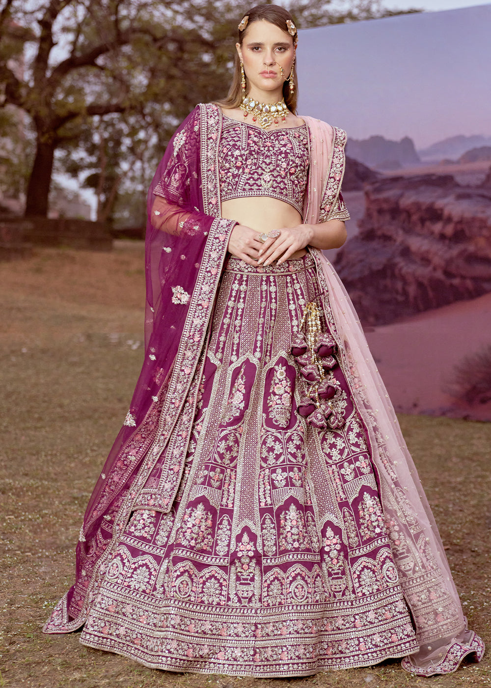 Grape Purple Silk Bridal Lehenga Choli with Embroidered Beads & Stones