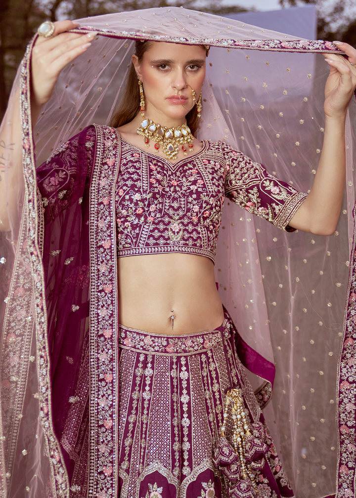 Grape Purple Silk Bridal Lehenga Choli with Embroidered Beads & Stones