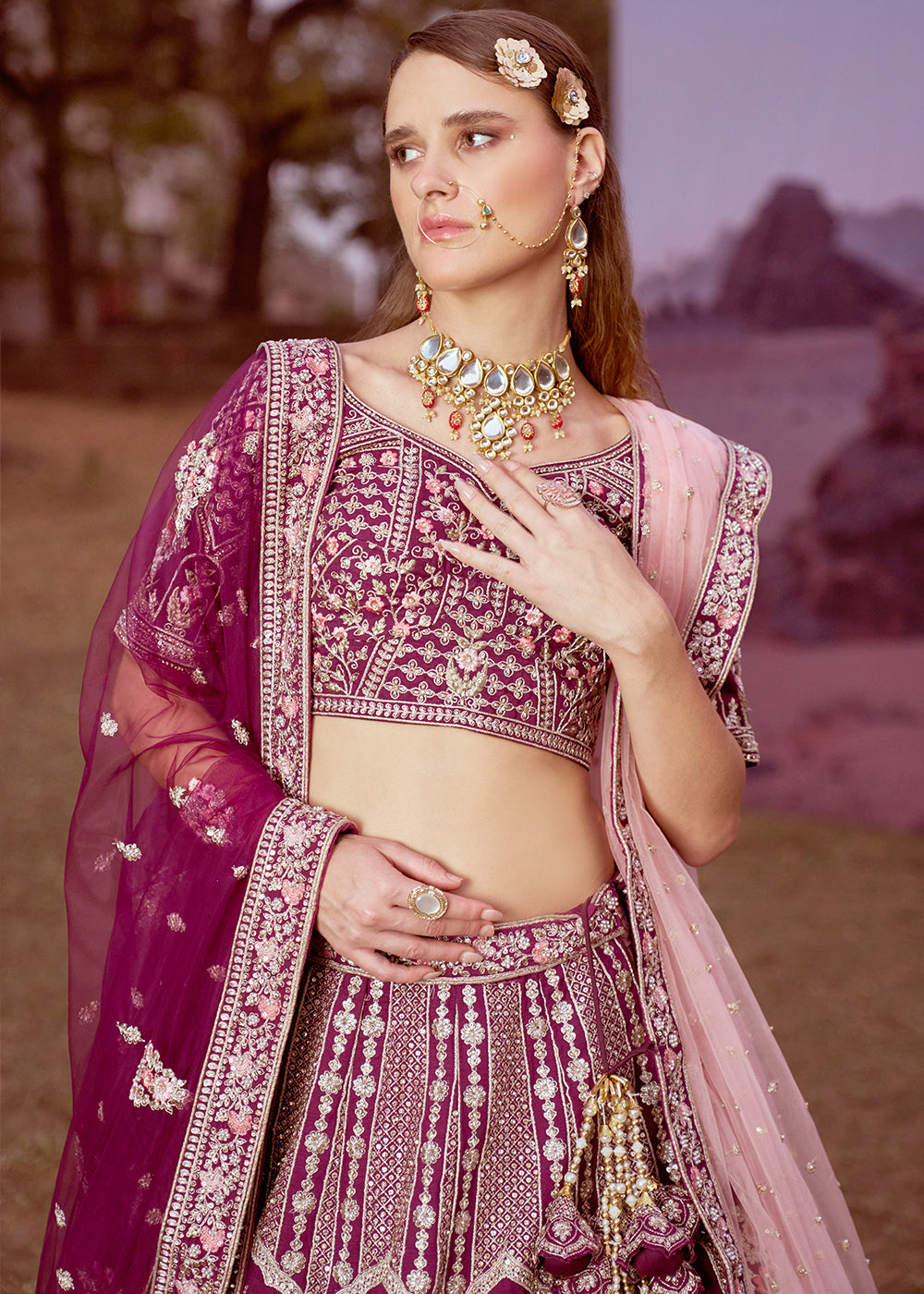 Grape Purple Silk Bridal Lehenga Choli with Embroidered Beads & Stones