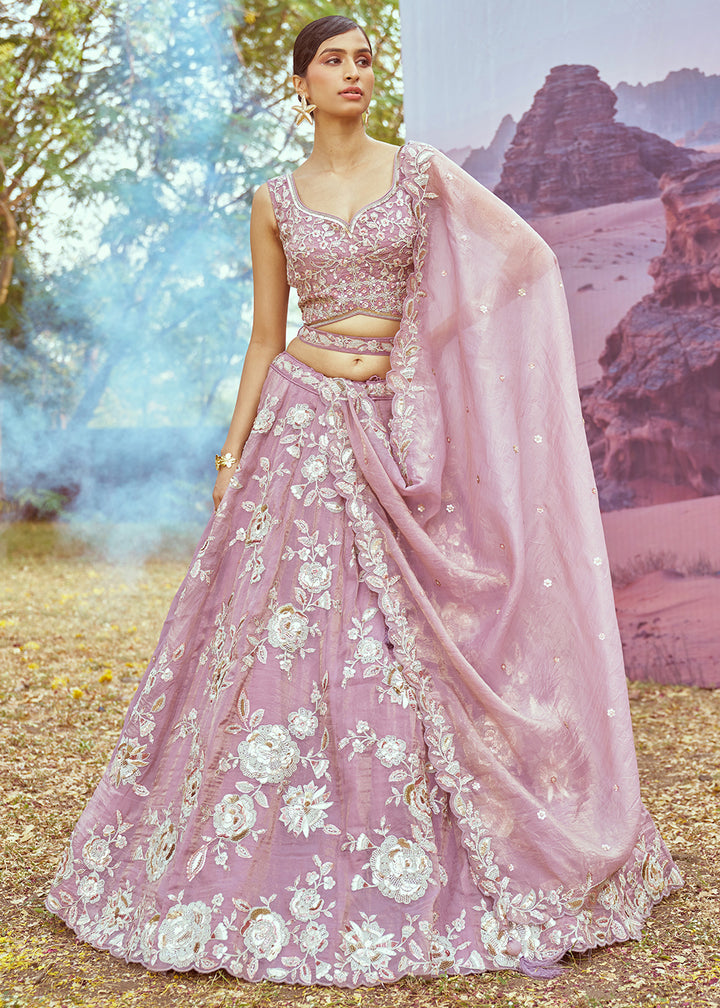 Lavender Purple Organza Lehenga Choli with Delicate Sequins Detailing