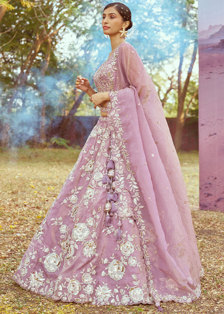 Lavender Purple Organza Lehenga Choli with Delicate Sequins Detailing